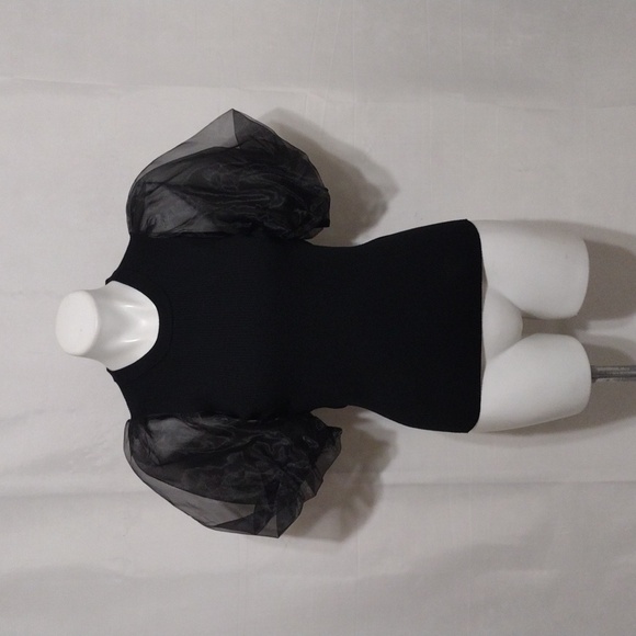 NEW Brochu Walker Black Marie Top Puff Sleeve Sheer Organza Knit M Elegant Glam